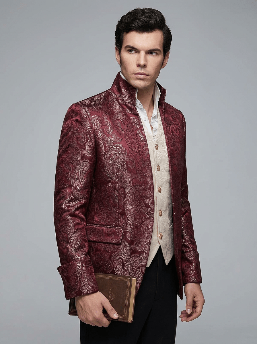 Regency Era Burgundy Jacquard Satin Tailored Jacket – Bridgerton Inspired High Collar Formal Regency Coat Made to Order Plus Size - WonderlandByLilian