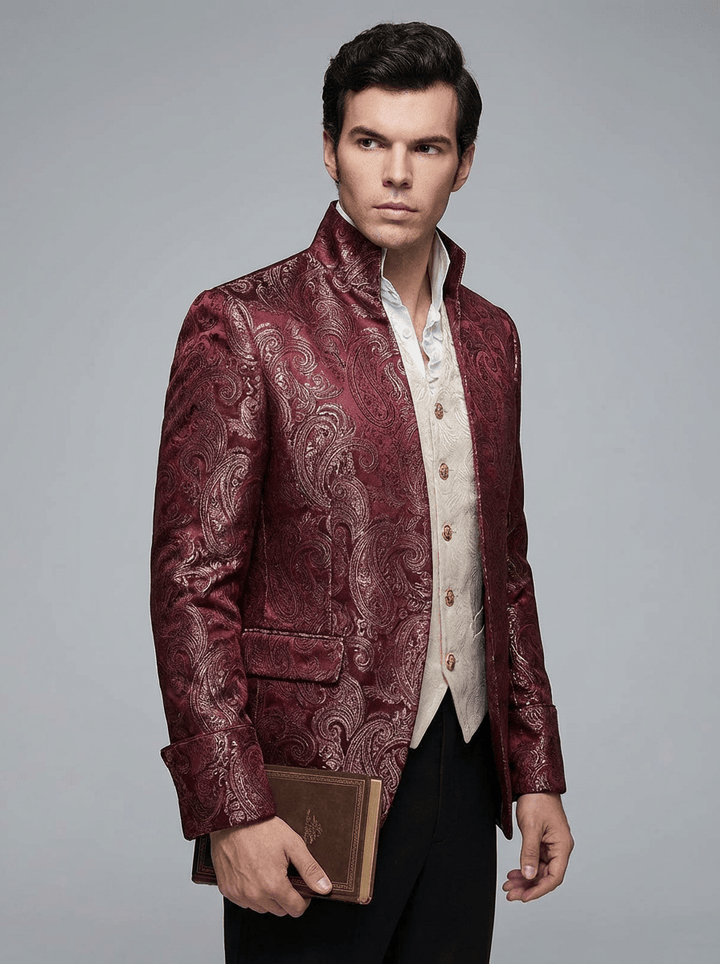 Regency Era Burgundy Jacquard Satin Tailored Jacket – Bridgerton Inspired High Collar Formal Regency Coat Made to Order Plus Size - WonderlandByLilian