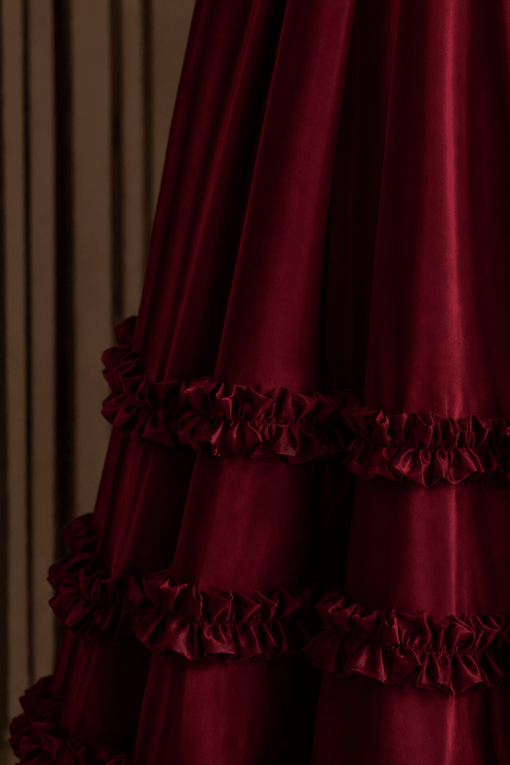 Regency Era Burgundy Satin Empire Waist Gown with Ruffle Trim and Pearl Chain Detail – Bridgerton Inspired Dress Plus Size - WonderlandByLilian