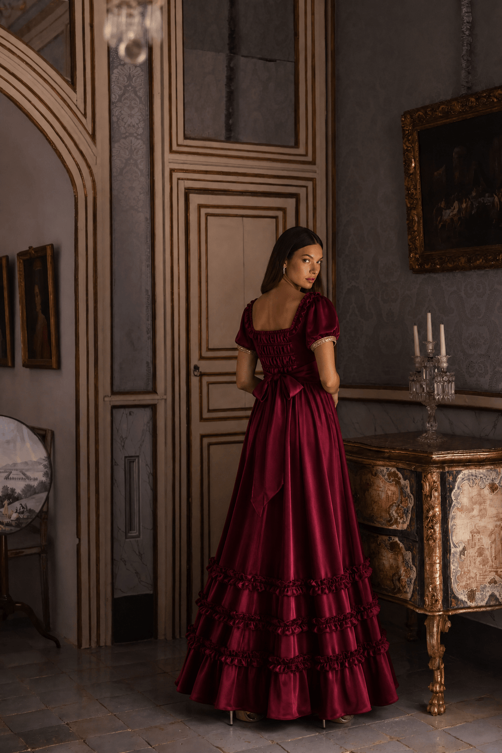 Regency Era Burgundy Satin Empire Waist Gown with Ruffle Trim and Pearl Chain Detail – Bridgerton Inspired Dress Plus Size