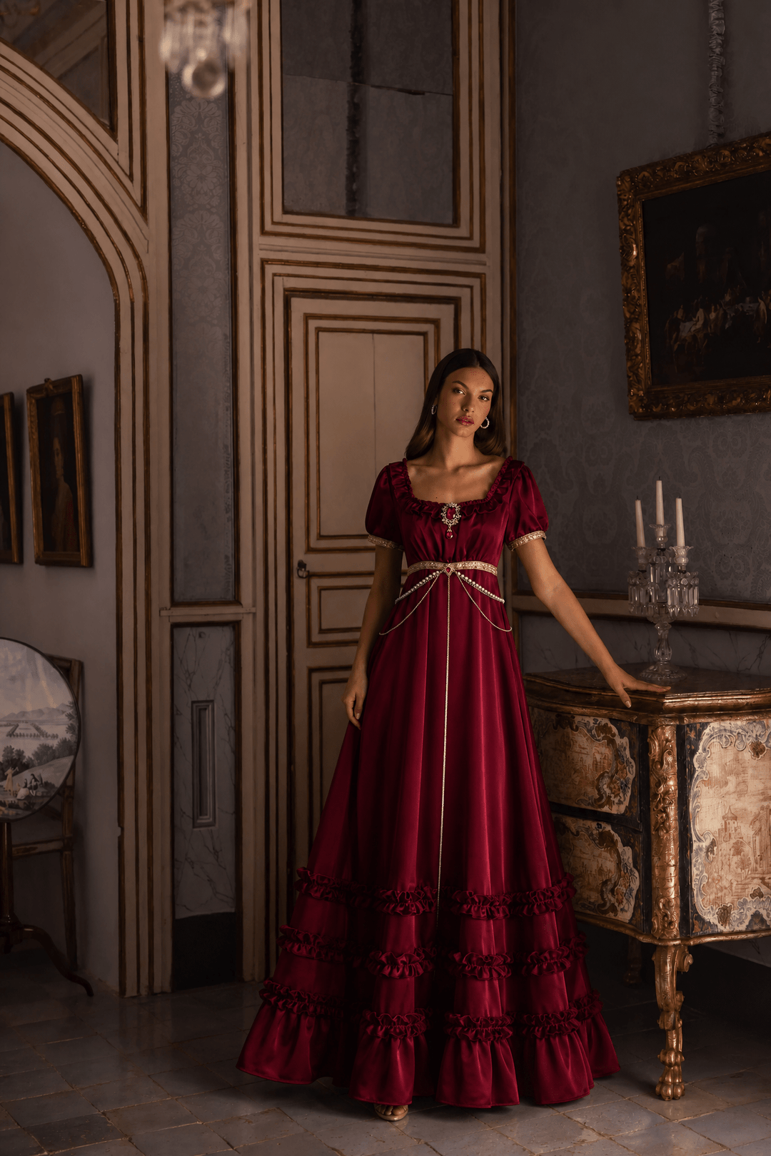 Regency Era Burgundy Satin Empire Waist Gown with Ruffle Trim and Pearl Chain Detail – Bridgerton Inspired Dress Plus Size