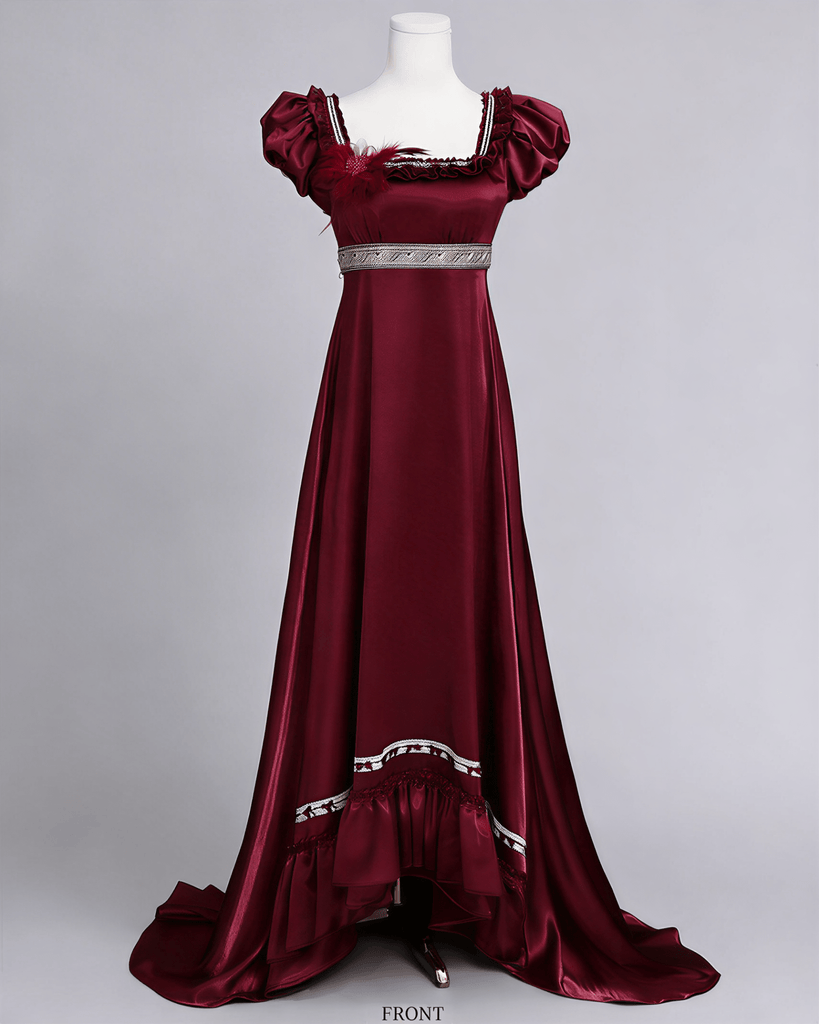 Regency Era Burgundy Satin Empire Waist Vintage Gown with Puff Sleeves and Lace Trim – Bridgerton Inspired Formal Dress Plus Size Size 8 / Burgundy