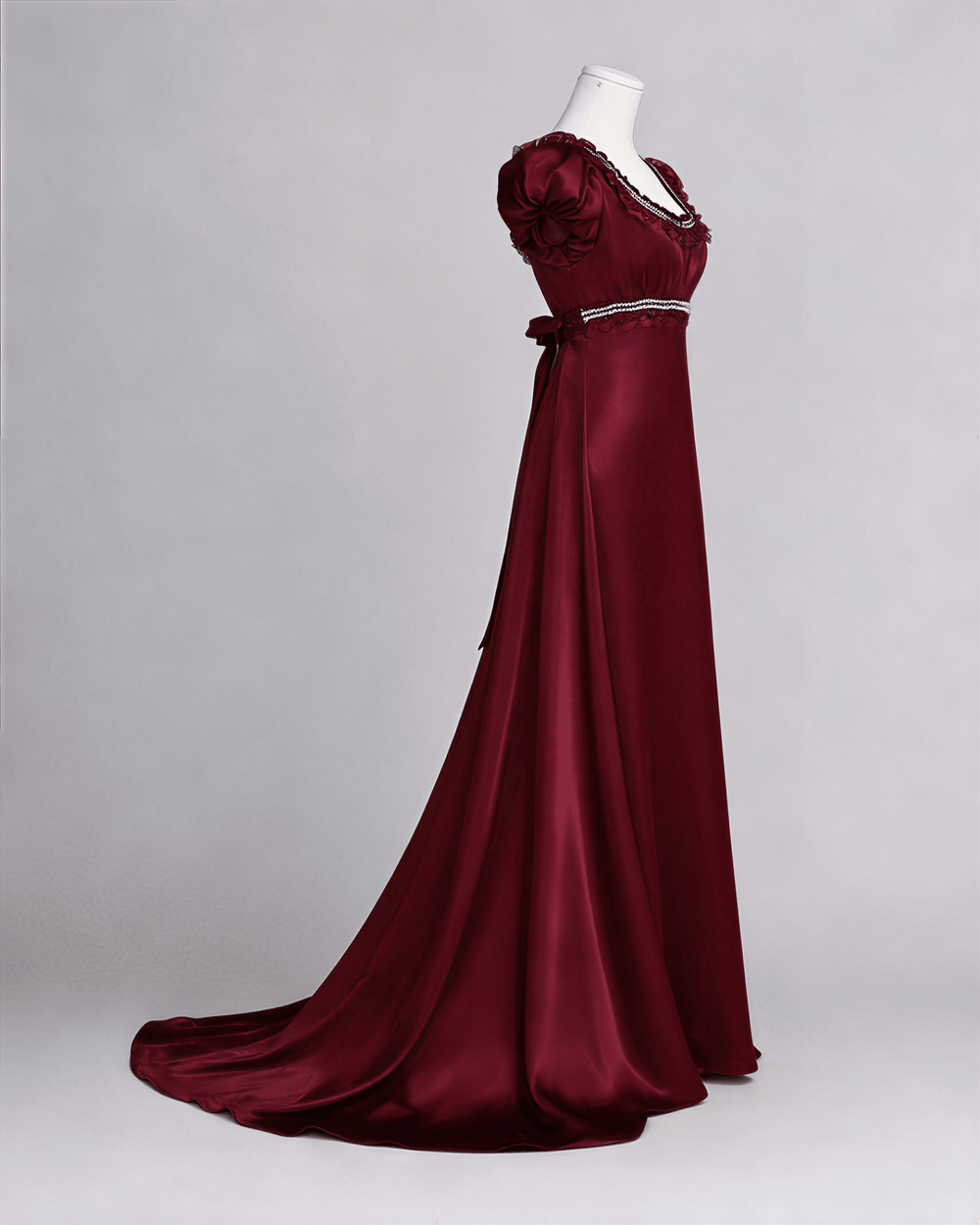 Regency Era Burgundy Satin Empire Waist Vintage Gown with Puff Sleeves and Lace Trim – Bridgerton Inspired Formal Dress Plus Size - WonderlandByLilian