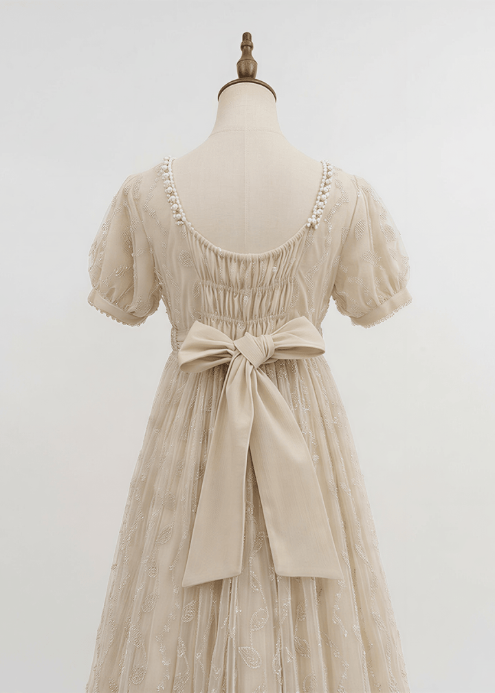 Regency Era Champagne Embroidered Empire Waist Vintage Gown with Puff Sleeves and Beaded Neckline – Bridgerton Inspired Dress Plus Size - WonderlandByLilian