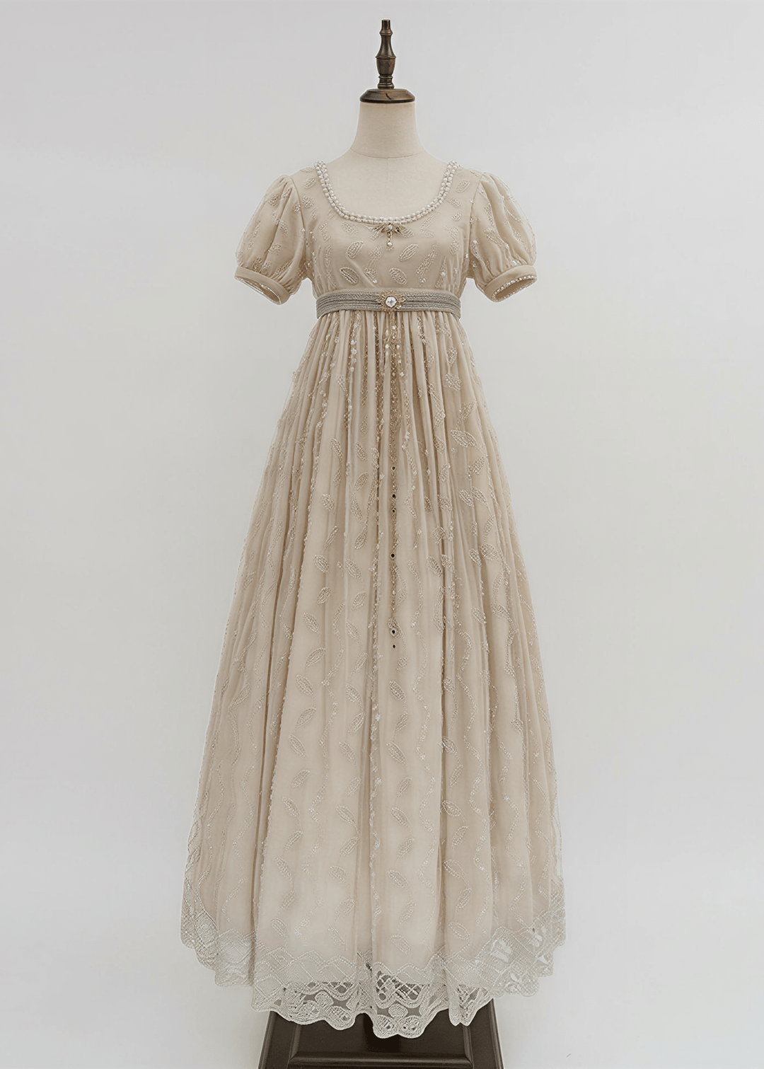 Regency Era Champagne Embroidered Empire Waist Vintage Gown with Puff Sleeves and Beaded Neckline – Bridgerton Inspired Dress Plus Size - WonderlandByLilian