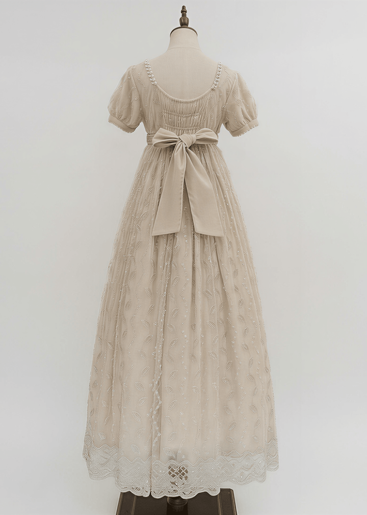 Regency Era Champagne Embroidered Empire Waist Vintage Gown with Puff Sleeves and Beaded Neckline – Bridgerton Inspired Dress Plus Size - WonderlandByLilian