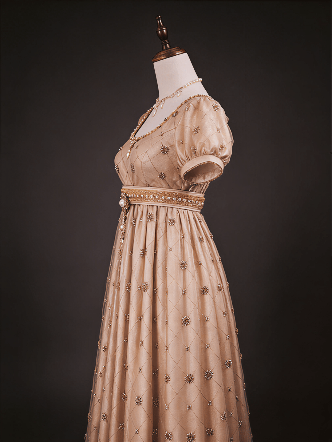 Regency Era Champagne Empire Waist Dress with Gold Beaded Embroidery and Puff Sleeves – Bridgerton Inspired Vintage Gown Plus Size - WonderlandByLilian