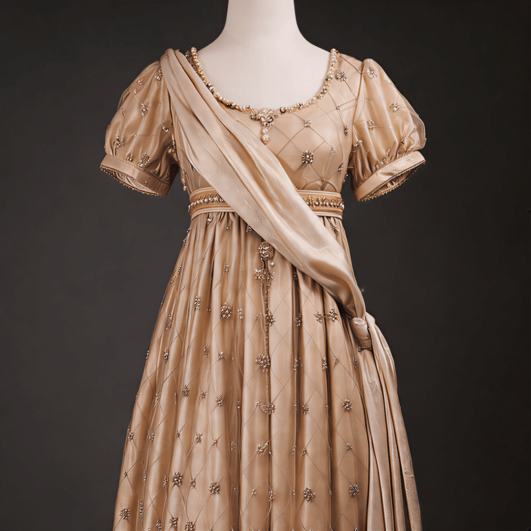 Regency Era Champagne Empire Waist Dress with Gold Beaded Embroidery and Puff Sleeves – Bridgerton Inspired Vintage Gown Plus Size - WonderlandByLilian