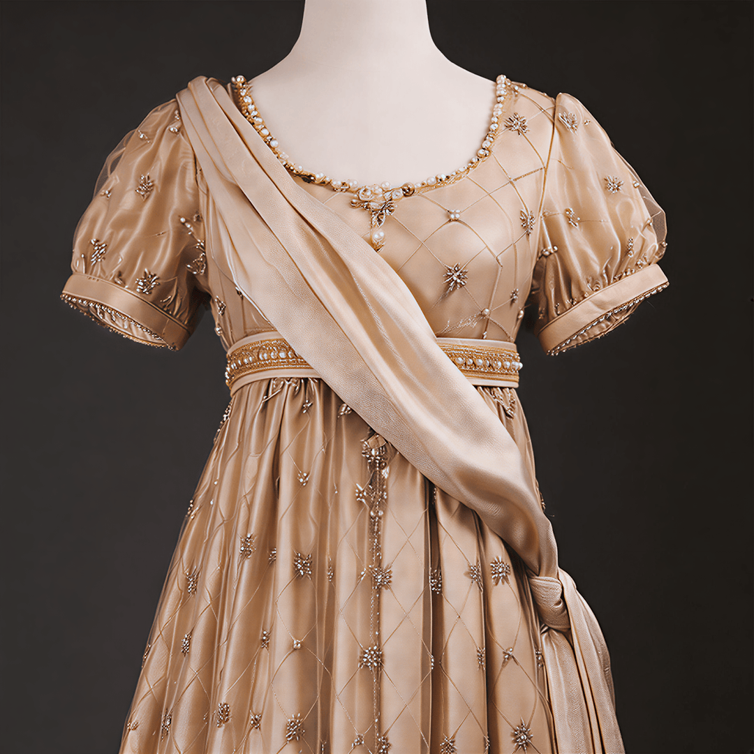 Regency Era Champagne Empire Waist Dress with Gold Beaded Embroidery and Puff Sleeves – Bridgerton Inspired Vintage Gown Plus Size - WonderlandByLilian