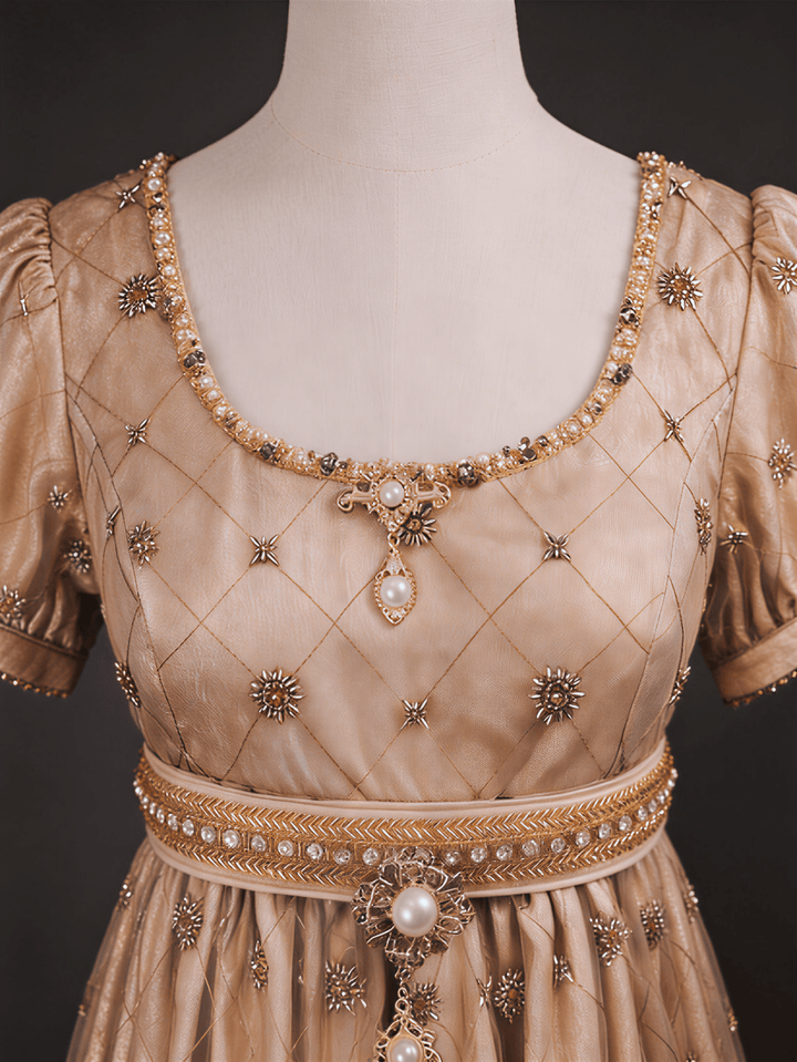 Regency Era Champagne Empire Waist Dress with Gold Beaded Embroidery and Puff Sleeves – Bridgerton Inspired Vintage Gown Plus Size - WonderlandByLilian