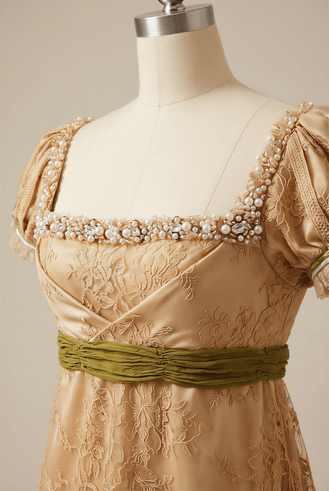 Regency Era Champagne Empire Waist Lace Dress with Puff Sleeves and Beaded Neckline – Vintage Inspired Gown Plus Size - WonderlandByLilian