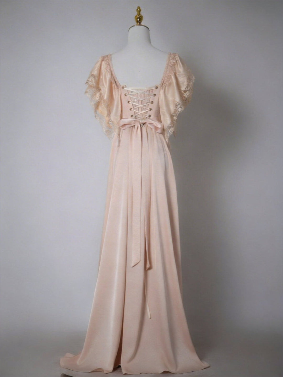 Regency Era Champagne Satin Empire Waist Vintage Gown – Bridgerton Inspired Lace Panel Dress Plus Size - WonderlandByLilian