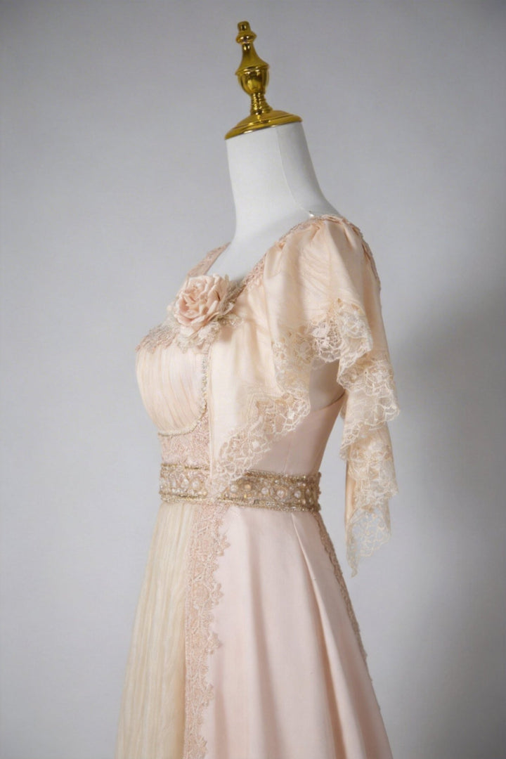 Regency Era Champagne Satin Empire Waist Vintage Gown – Bridgerton Inspired Lace Panel Dress Plus Size - WonderlandByLilian
