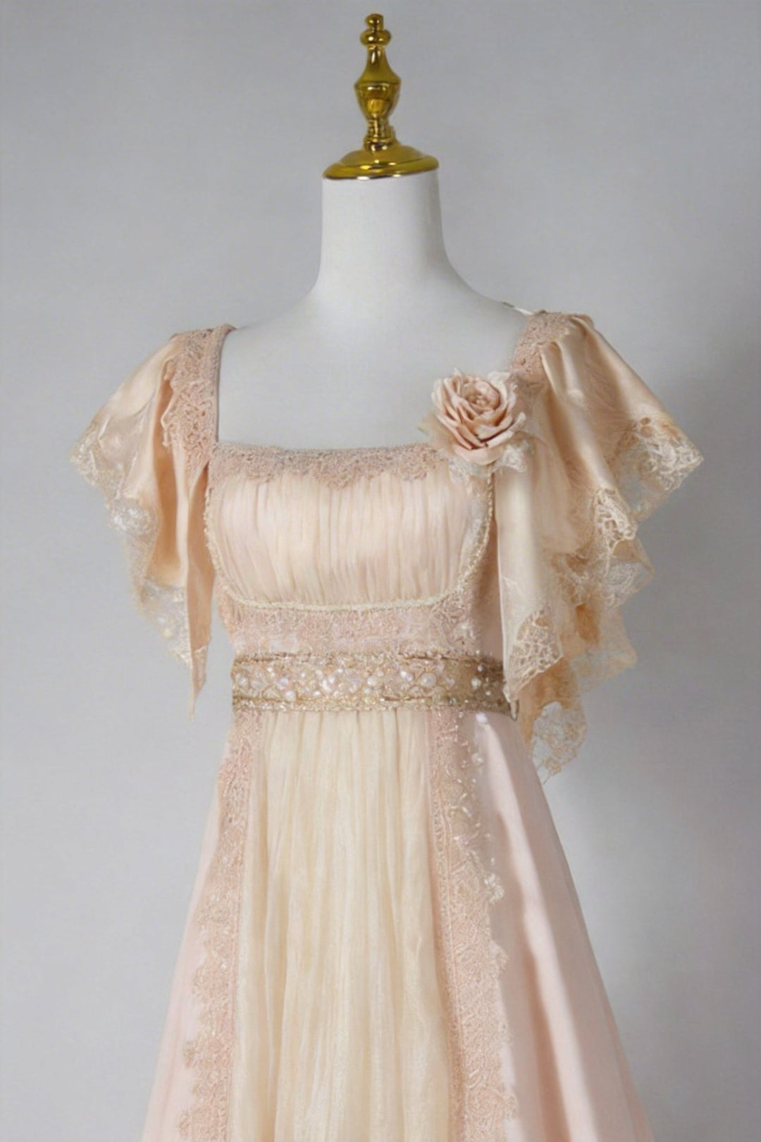 Regency Era Champagne Satin Empire Waist Vintage Gown – Bridgerton Inspired Lace Panel Dress Plus Size - WonderlandByLilian