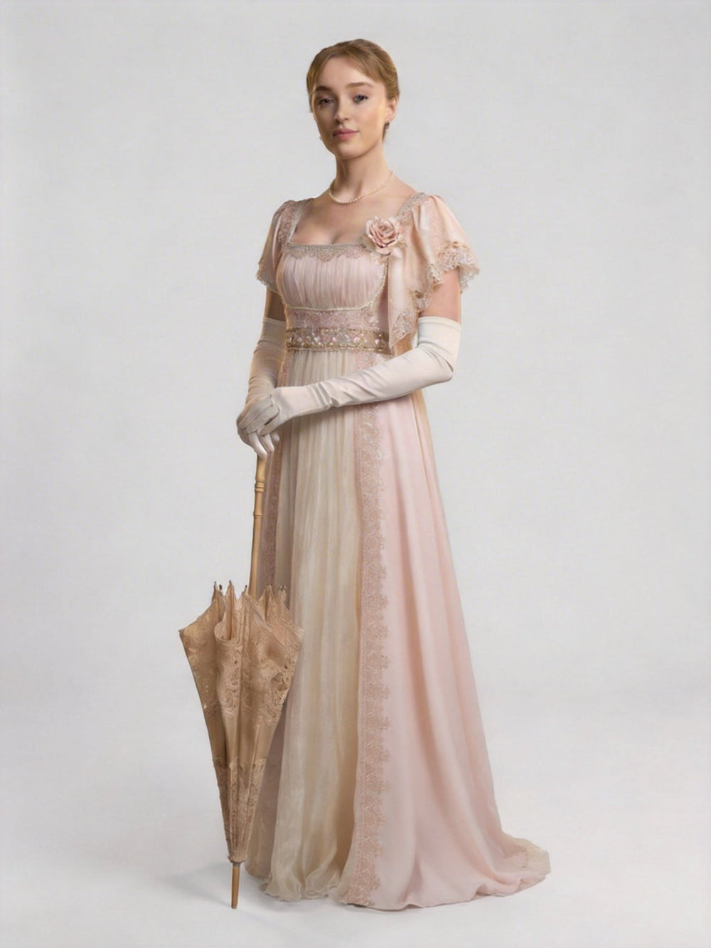 Regency Era Champagne Satin Empire Waist Vintage Gown – Bridgerton Inspired Lace Panel Dress Plus Size - WonderlandByLilian