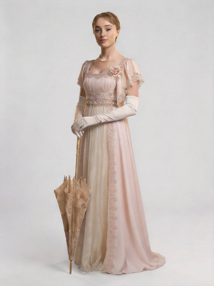 Regency Era Champagne Satin Empire Waist Vintage Gown – Bridgerton Inspired Lace Panel Dress Plus Size - WonderlandByLilian