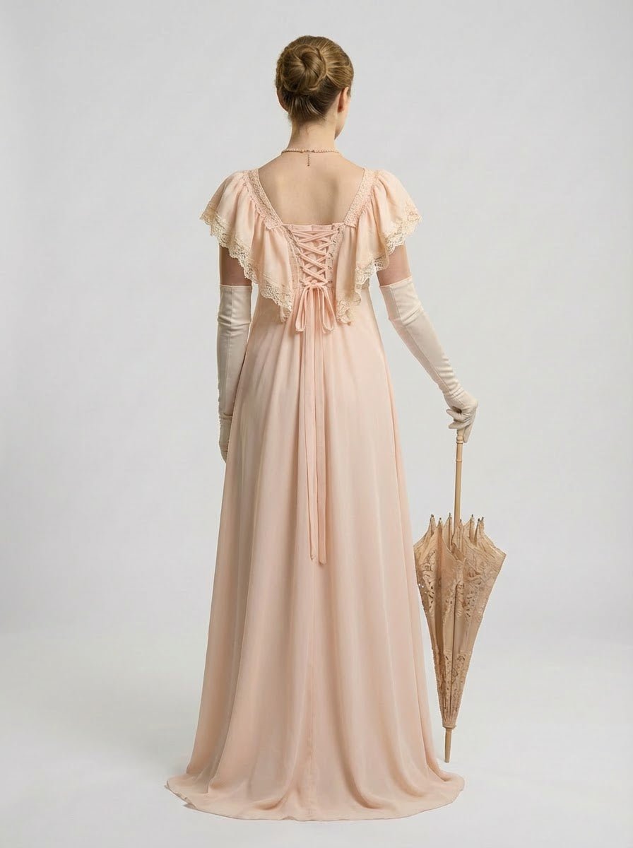 Regency Era Champagne Satin Empire Waist Vintage Gown – Bridgerton Inspired Lace Panel Dress Plus Size - WonderlandByLilian