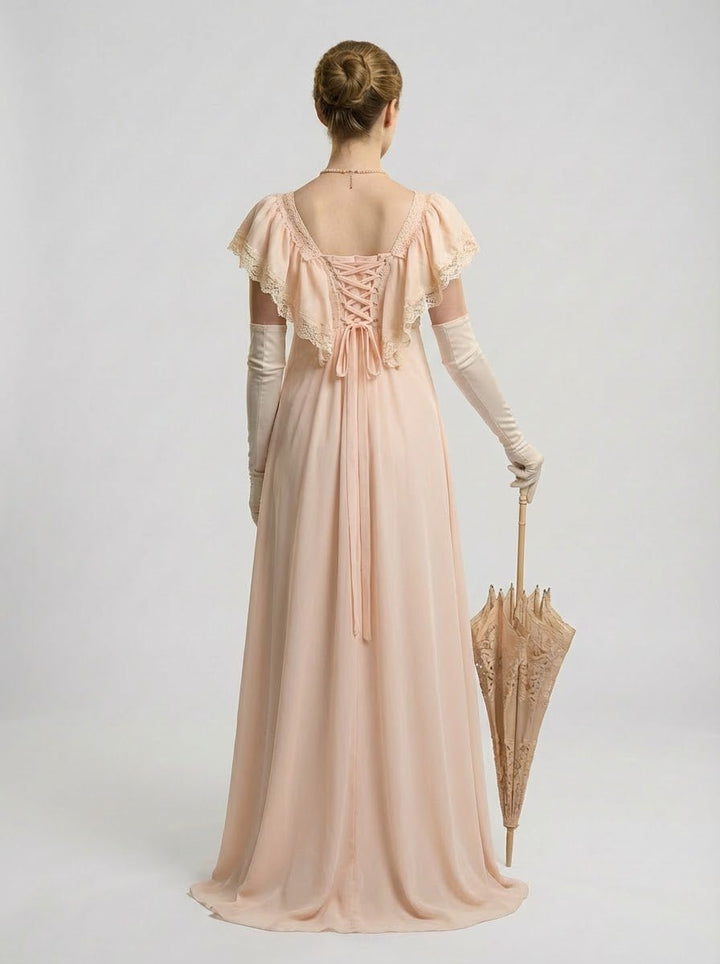 Regency Era Champagne Satin Empire Waist Vintage Gown – Bridgerton Inspired Lace Panel Dress Plus Size - WonderlandByLilian