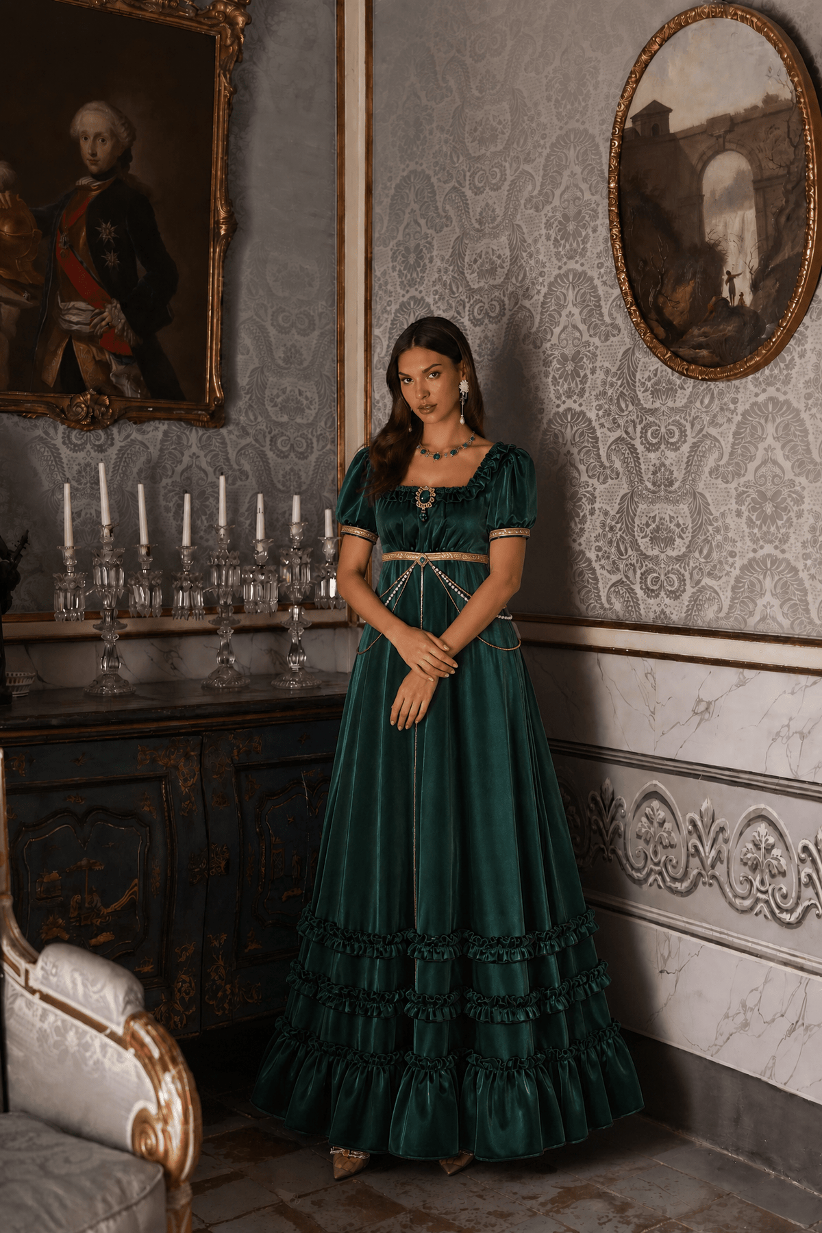 Regency Era Emerald Green Satin Empire Waist Gown with Ruffle Trim and Pearl Chain Detail – Bridgerton Inspired Vintage Gown Plus Size