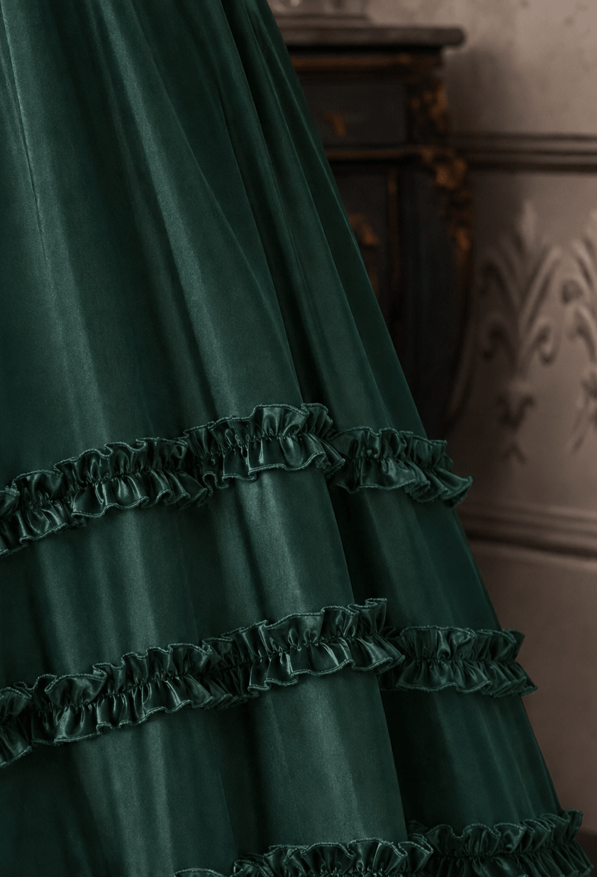 Regency Era Emerald Green Satin Empire Waist Gown with Ruffle Trim and Pearl Chain Detail – Bridgerton Inspired Vintage Gown Plus Size - WonderlandByLilian