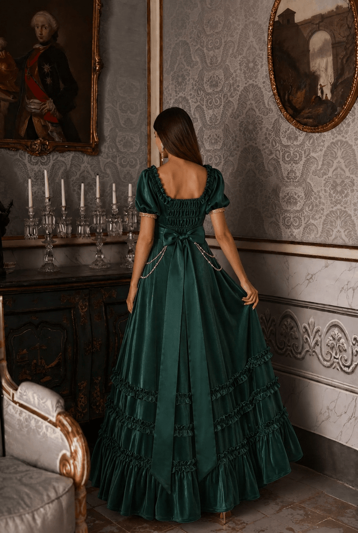 Regency Era Emerald Green Satin Empire Waist Gown with Ruffle Trim and Pearl Chain Detail – Bridgerton Inspired Vintage Gown Plus Size - WonderlandByLilian