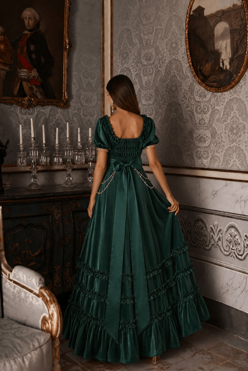 Regency Era Emerald Green Satin Empire Waist Gown with Ruffle Trim and Pearl Chain Detail – Bridgerton Inspired Vintage Gown Plus Size