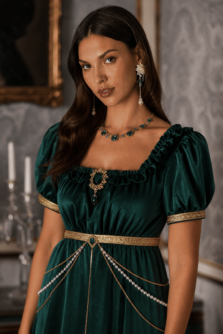 Regency Era Emerald Green Satin Empire Waist Gown with Ruffle Trim and Pearl Chain Detail – Bridgerton Inspired Vintage Gown Plus Size - WonderlandByLilian