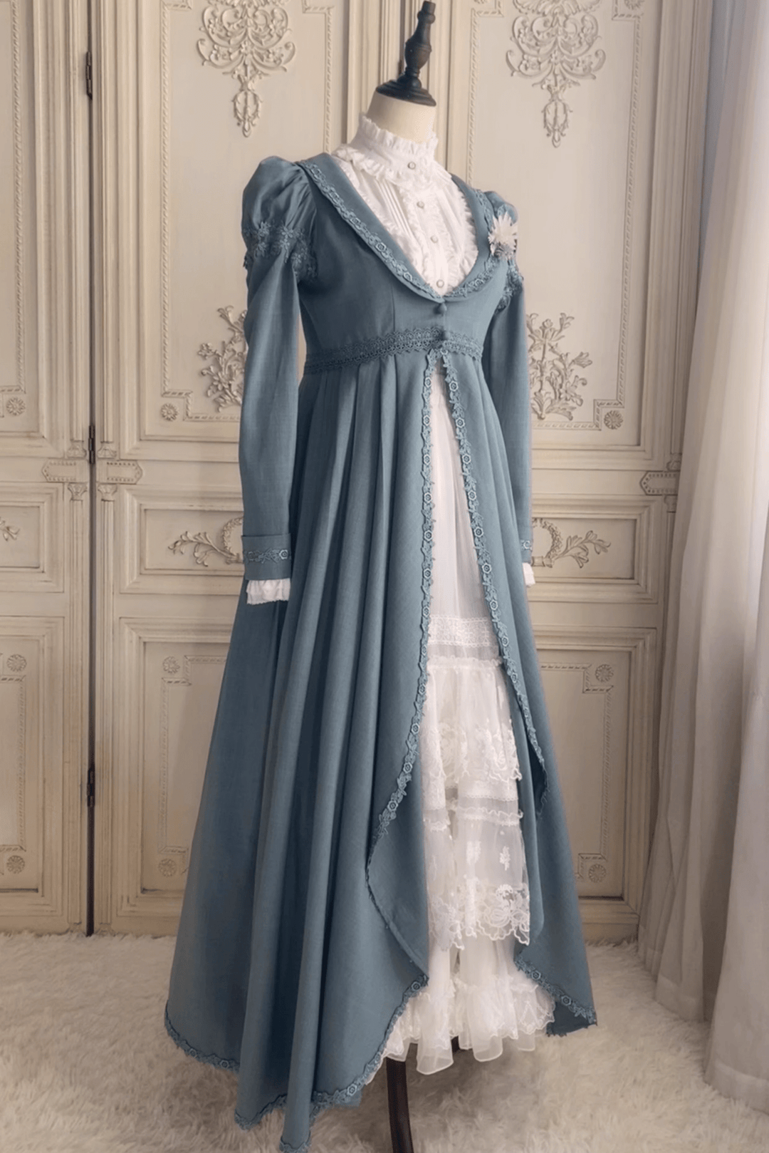 Regency Era Empire Waist Jacket in Dusty Blue – Bridgerton Inspired Long Victorian Coat Plus Size - WonderlandByLilian