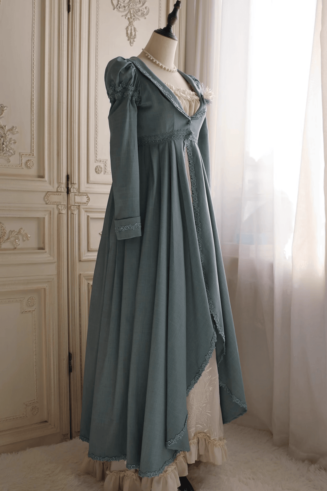 Regency Era Empire Waist Jacket in Dusty Blue – Bridgerton Inspired Long Victorian Coat Plus Size - WonderlandByLilian