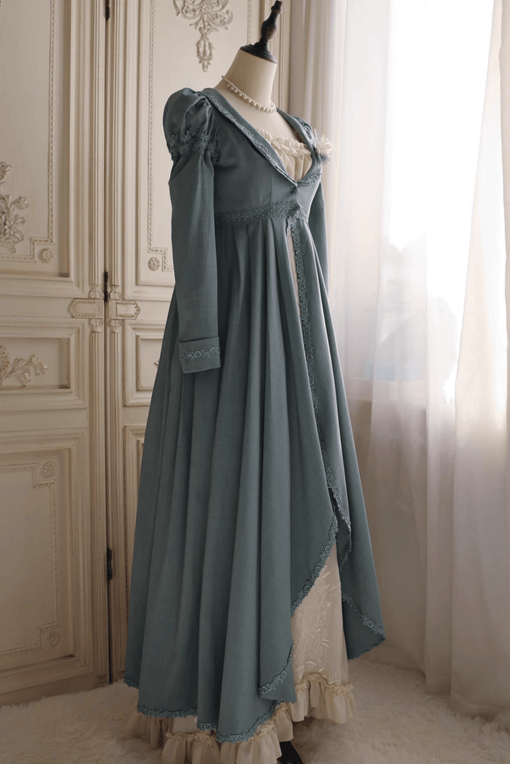 Regency Era Empire Waist Jacket in Dusty Blue – Bridgerton Inspired Long Victorian Coat Plus Size - WonderlandByLilian