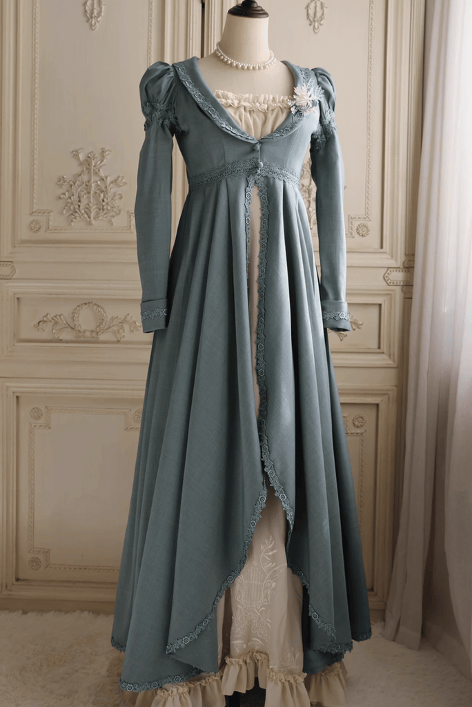 Dusty Blue Regency Era Dress – Long Sleeve Regency Gown With Empire Waist and Lace Trim Plus Size Custom made / With Shawl / Light Blue