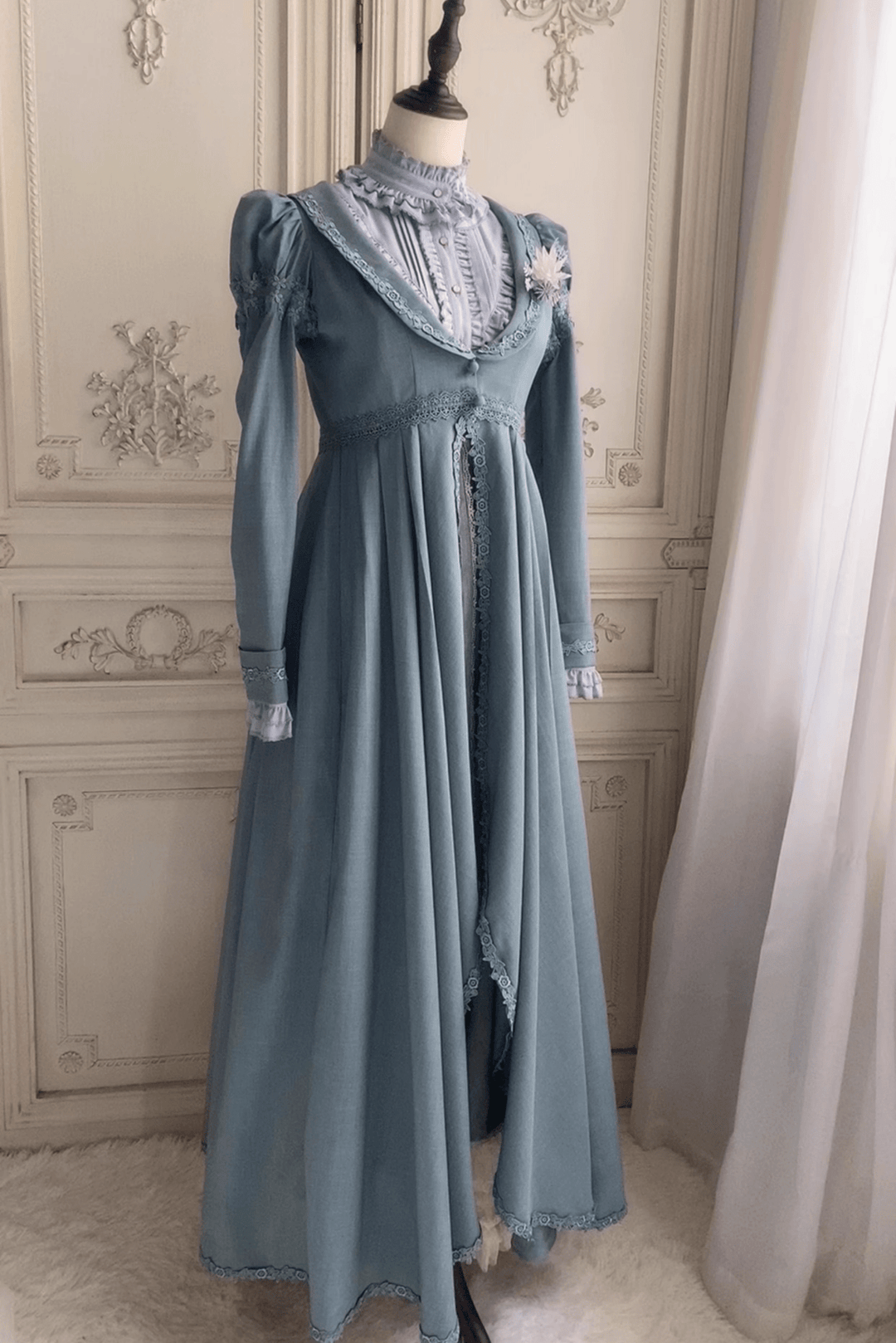 dusty blue long sleeve dress Dusty Blue Regency Era Dress – Long Sleeve Regency Gown with Empire Waist and Lace Trim Plus Size
