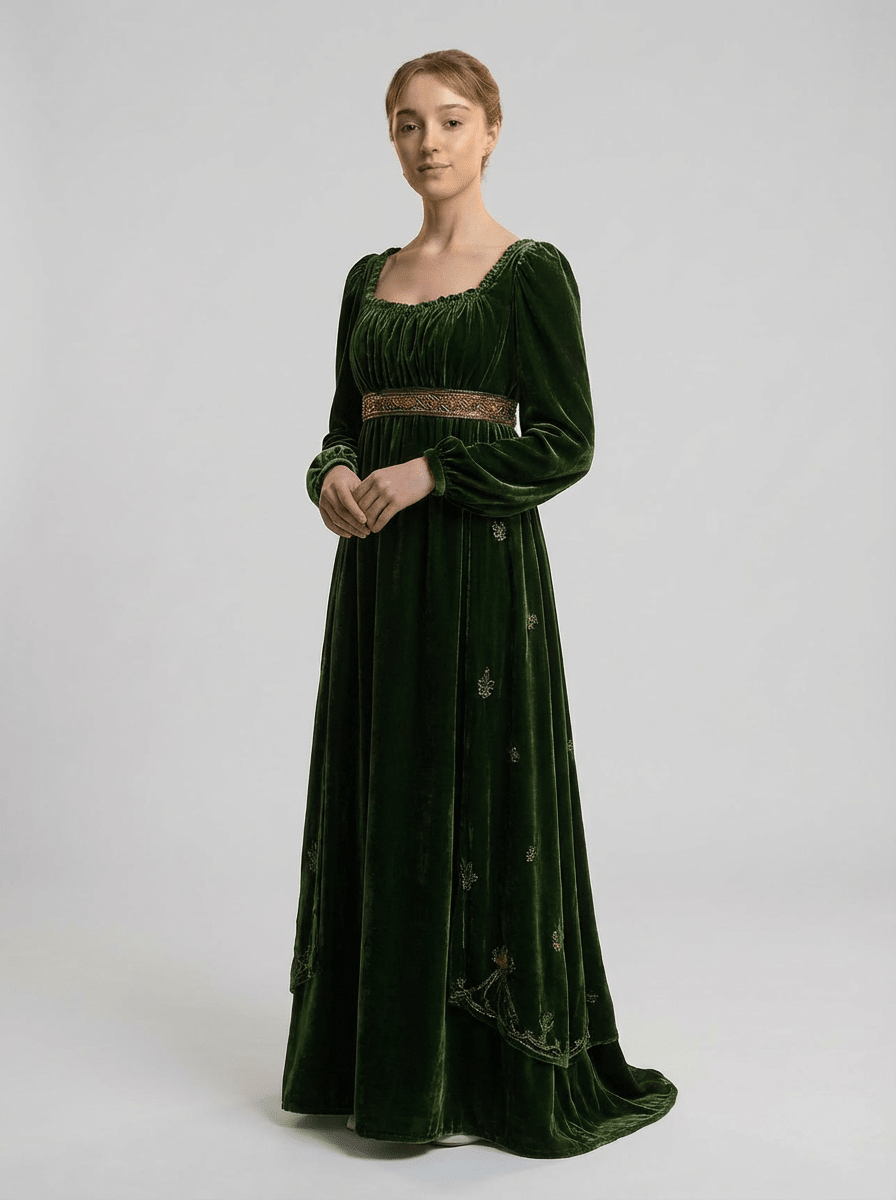 Regency Era Forest Green Empire Waist Vintage Gown with Long Bishop Sleeves and Square Neckline – Bridgerton Inspired Dress Plus Size - WonderlandByLilian