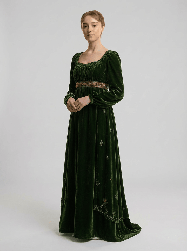 Regency Era Forest Green Empire Waist Vintage Gown with Long Bishop Sleeves and Square Neckline – Bridgerton Inspired Dress Plus Size - WonderlandByLilian