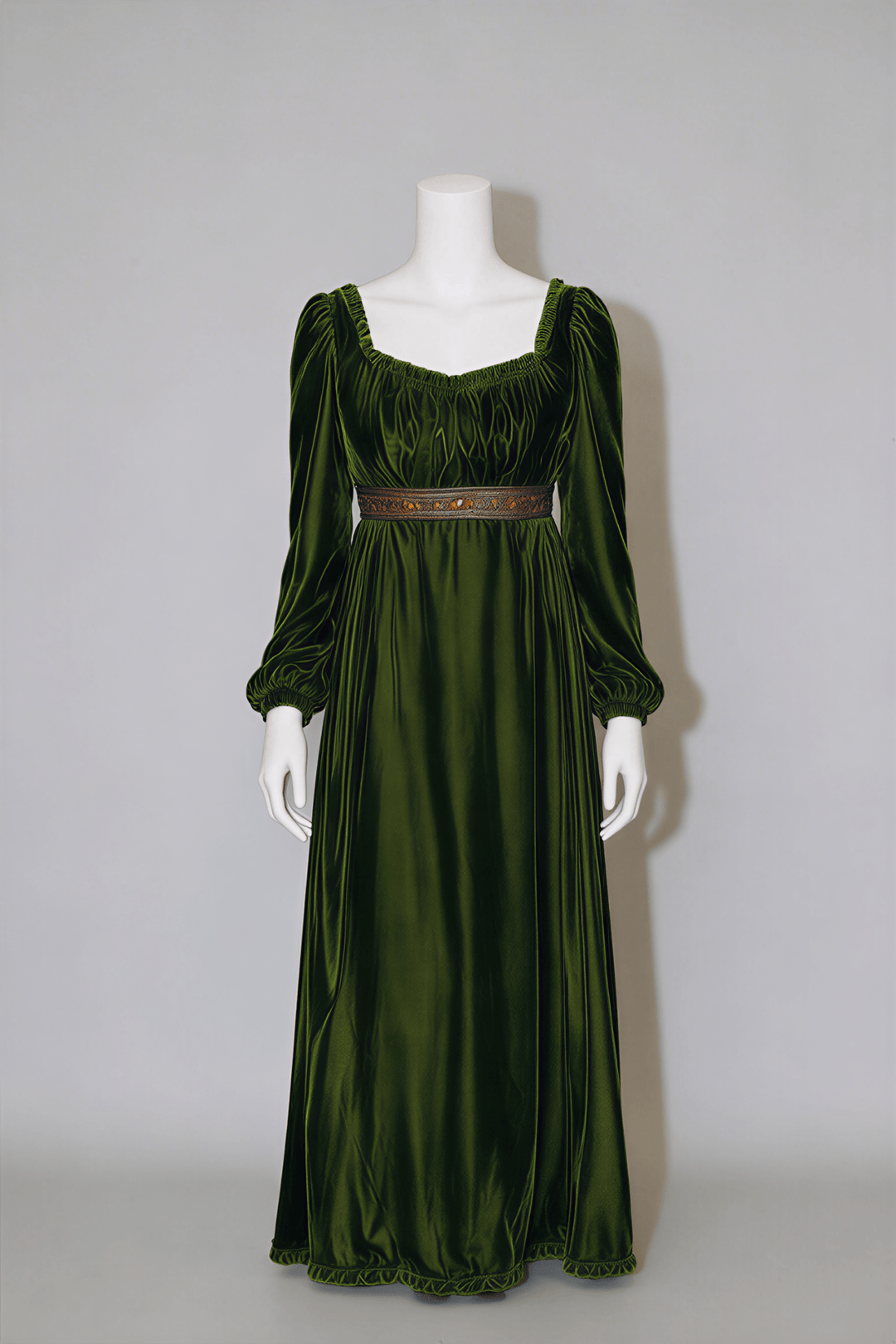 Regency Era Forest Green Empire Waist Vintage Gown with Long Bishop Sleeves and Square Neckline – Bridgerton Inspired Dress Plus Size - WonderlandByLilian