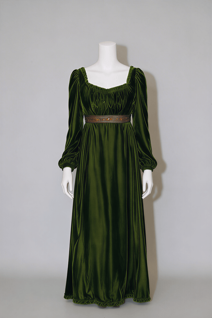 Regency Era Forest Green Empire Waist Vintage Gown with Long Bishop Sleeves and Square Neckline – Bridgerton Inspired Dress Plus Size - WonderlandByLilian