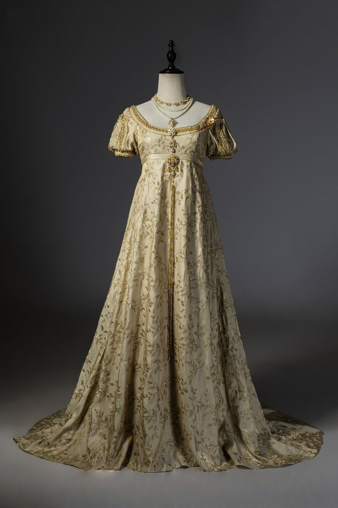 Regency Era Gold Embroidered Empire Waist Vintage Gown with Puff Sleeves and Ornament Detail – Bridgerton Inspired Court Style Dress Plus Size - WonderlandByLilian