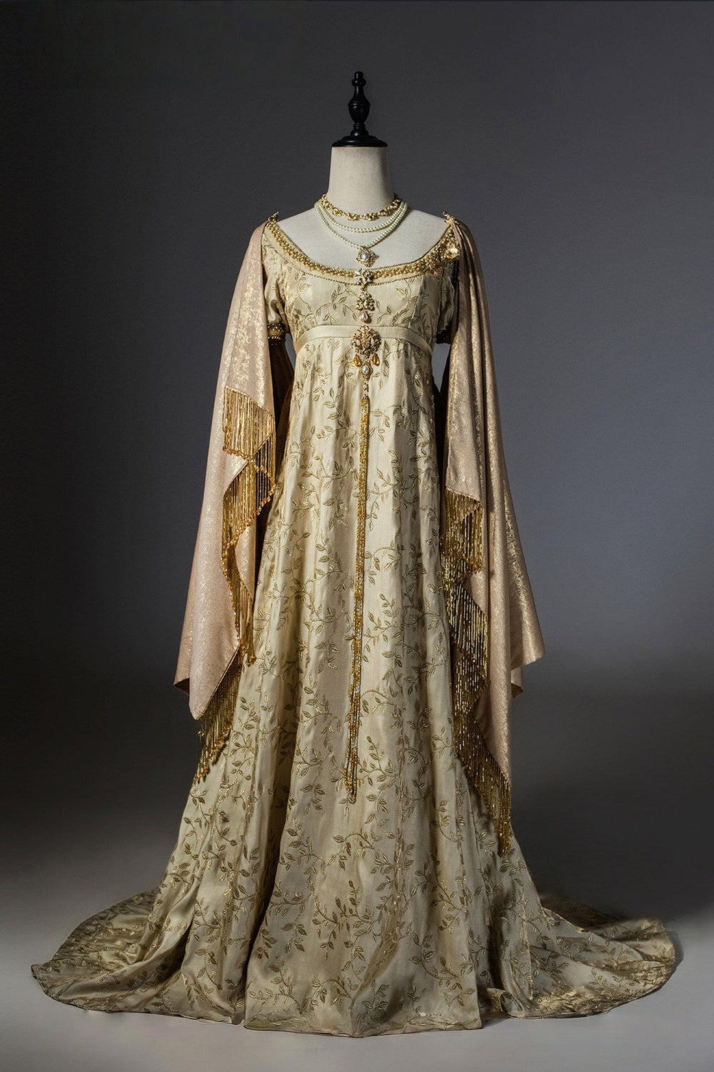Regency Era Gold Embroidered Empire Waist Vintage Gown with Puff Sleeves and Ornament Detail – Bridgerton Inspired Court Style Dress Plus Size - WonderlandByLilian