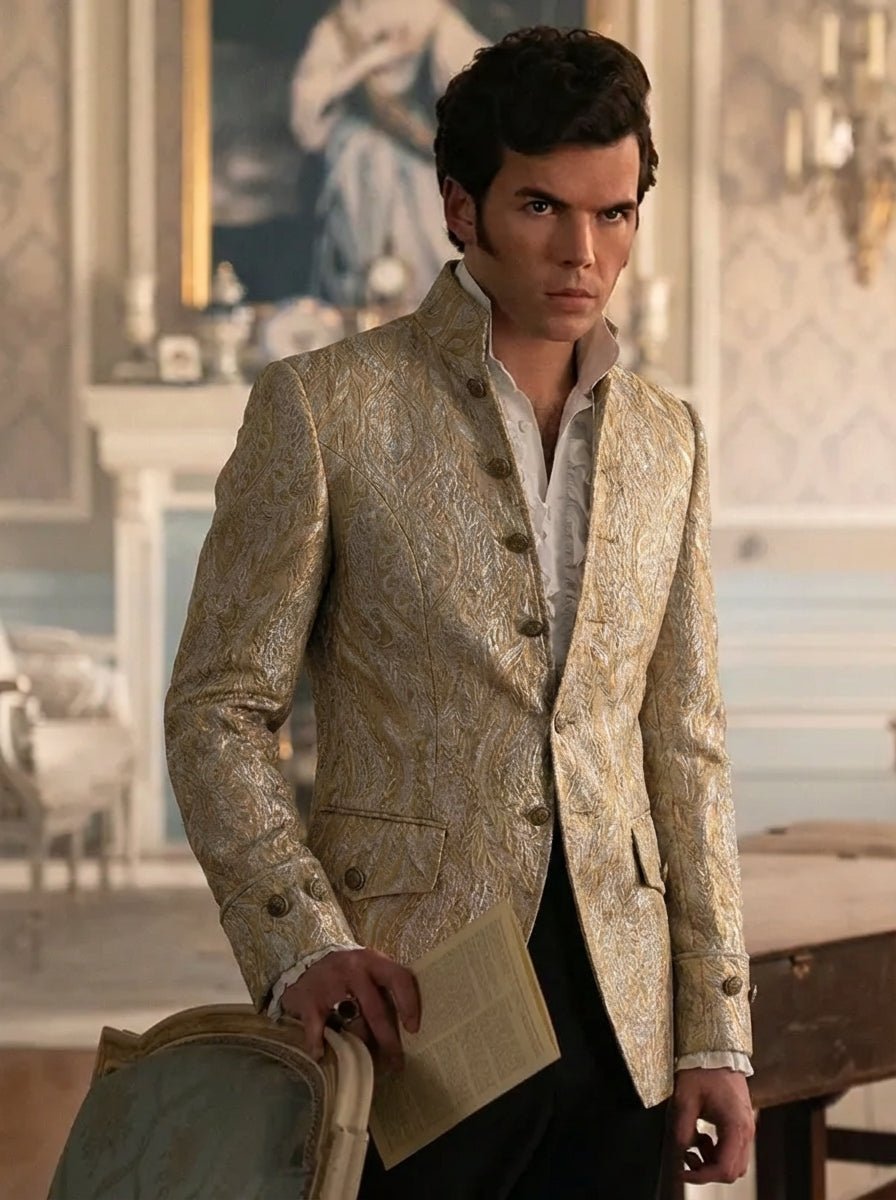 Regency Era Gold Jacquard Satin Tailored Jacket – Bridgerton Inspired High Collar Formal Regency Coat Made to Order Plus Size - WonderlandByLilian