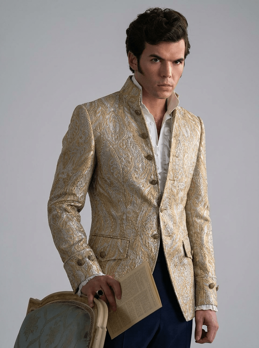 Regency Era Gold Jacquard Satin Tailored Jacket – Bridgerton Inspired High Collar Formal Regency Coat Made to Order Plus Size - WonderlandByLilian