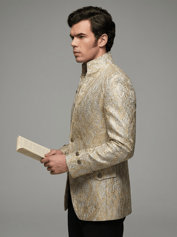 Regency Era Gold Jacquard Satin Tailored Jacket – Bridgerton Inspired High Collar Formal Regency Coat Made to Order Plus Size - WonderlandByLilian