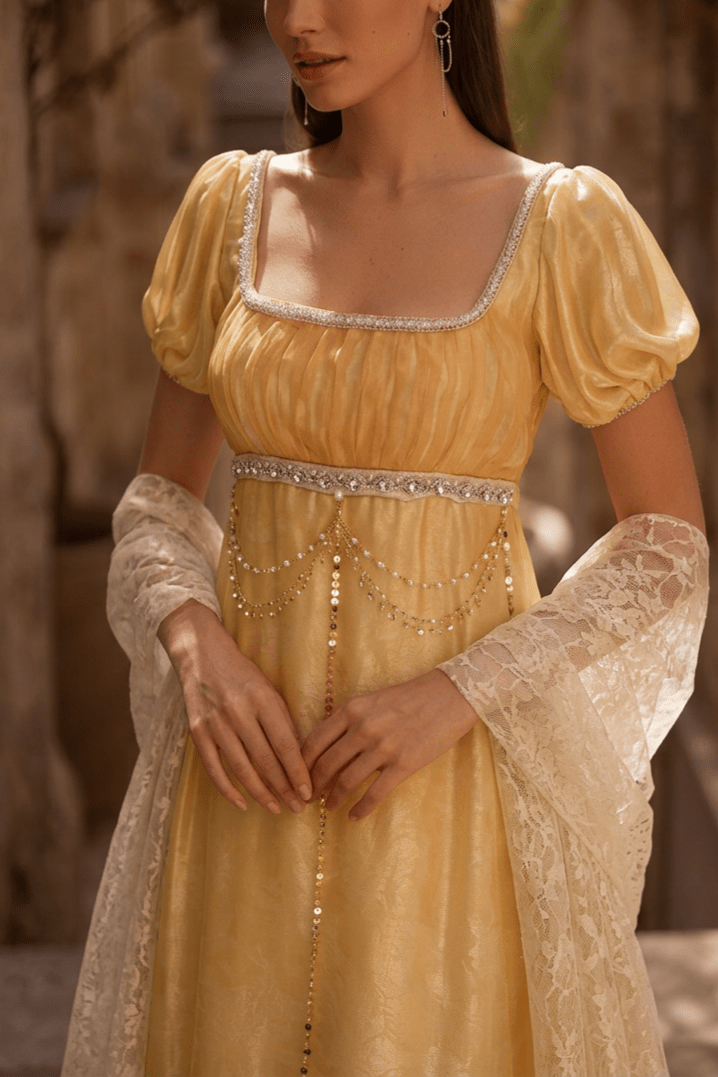 Regency Era Golden Yellow Empire Waist Gown with Pearl Chain Detail – Bridgerton Inspired Evening Dress Plus Size - WonderlandByLilian