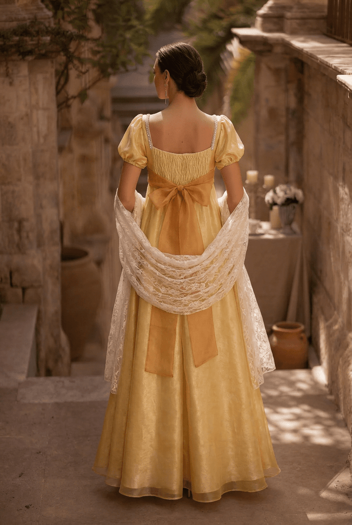 Regency Era Golden Yellow Empire Waist Gown with Pearl Chain Detail – Bridgerton Inspired Evening Dress Plus Size - WonderlandByLilian