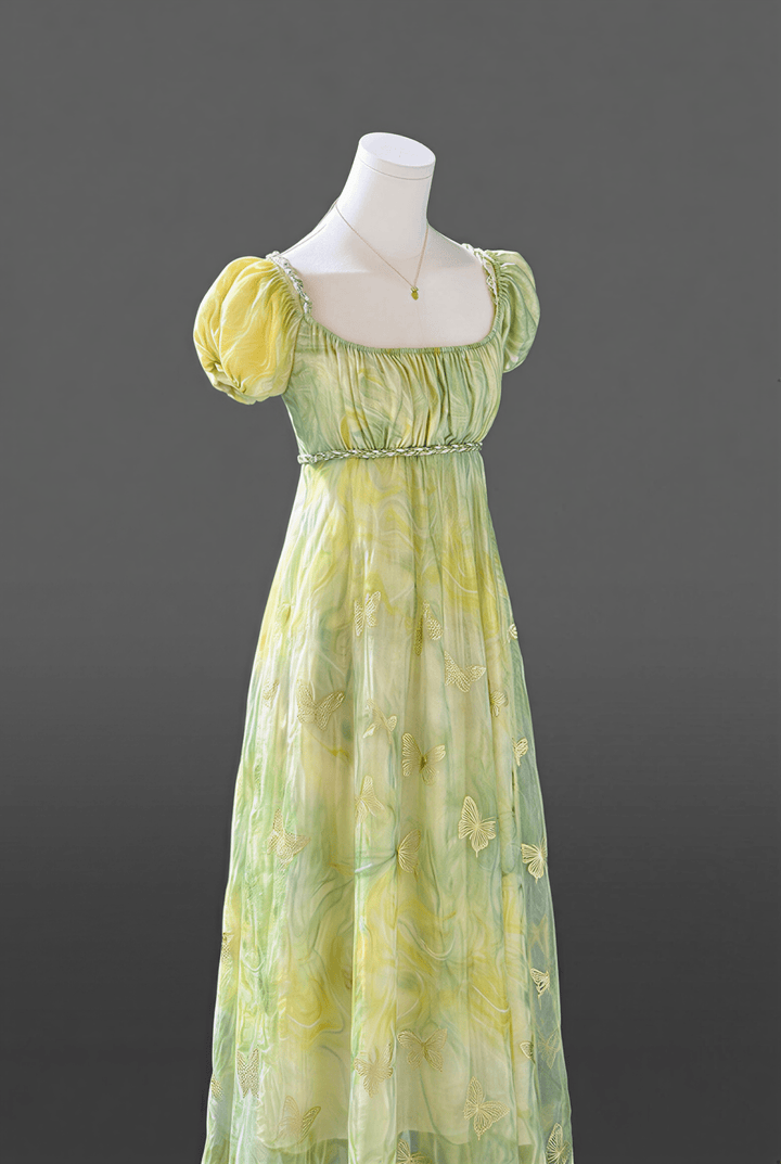 Regency Era Green Butterfly Embroidered Empire Waist Vintage Gown with Puff Sleeves – Bridgerton Inspired Dress Plus Size - WonderlandByLilian