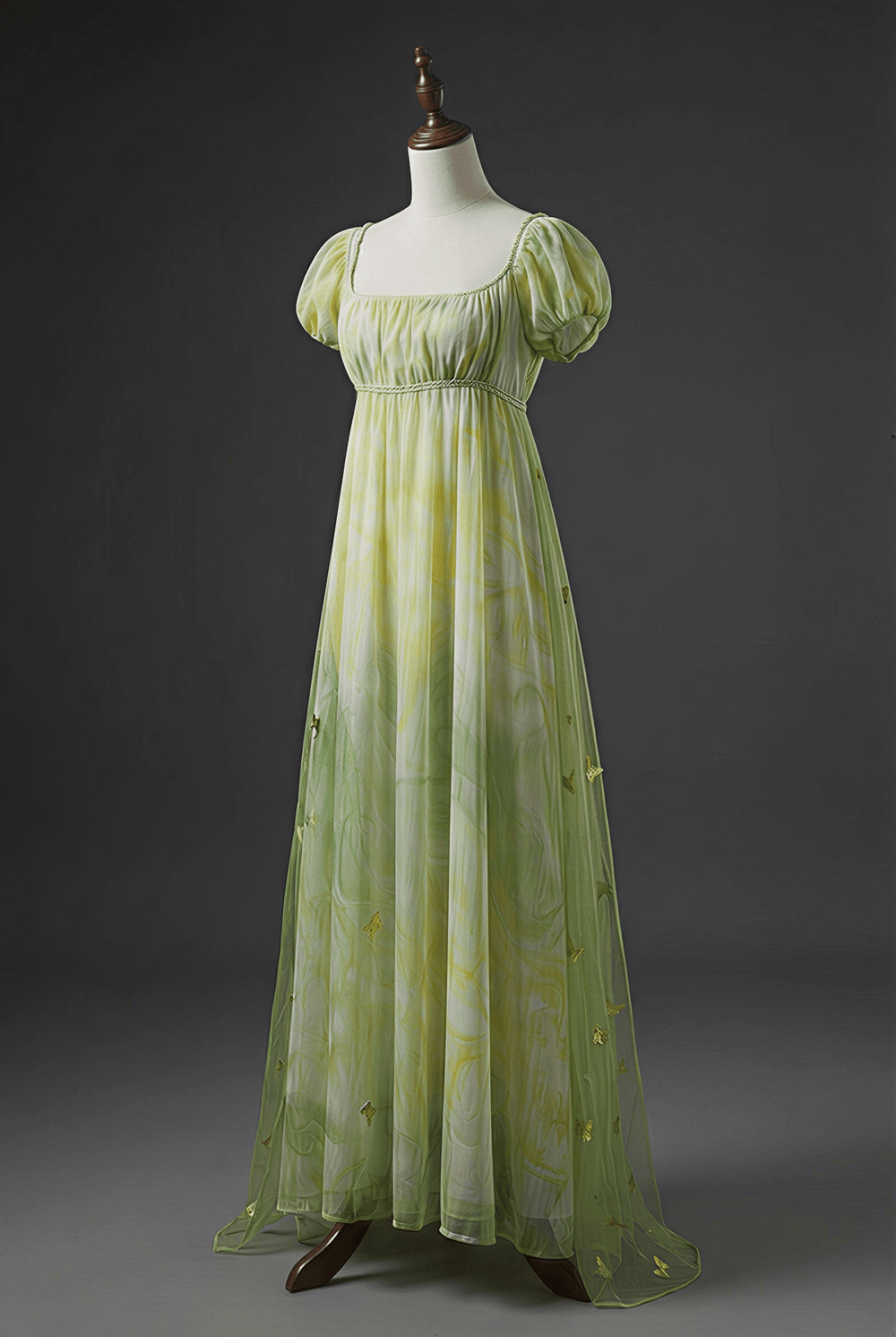 Regency Era Green Butterfly Embroidered Empire Waist Vintage Gown with Puff Sleeves – Bridgerton Inspired Dress Plus Size - WonderlandByLilian