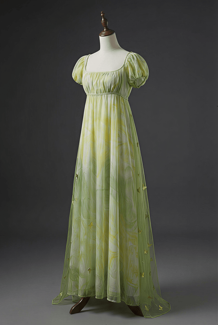 Regency Era Green Butterfly Embroidered Empire Waist Vintage Gown with Puff Sleeves – Bridgerton Inspired Dress Plus Size - WonderlandByLilian