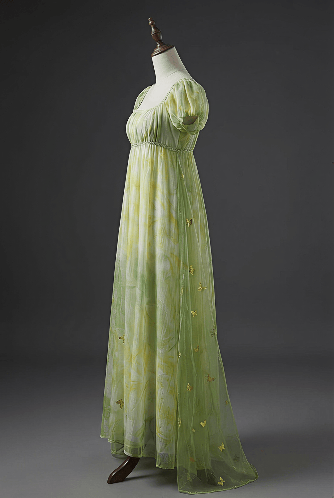 Regency Era Green Butterfly Embroidered Empire Waist Vintage Gown with Puff Sleeves – Bridgerton Inspired Dress Plus Size - WonderlandByLilian