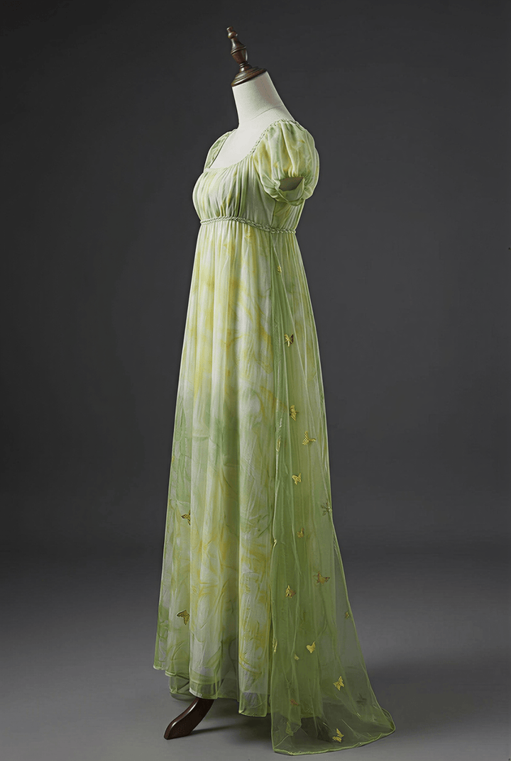 Regency Era Green Butterfly Embroidered Empire Waist Vintage Gown with Puff Sleeves – Bridgerton Inspired Dress Plus Size - WonderlandByLilian