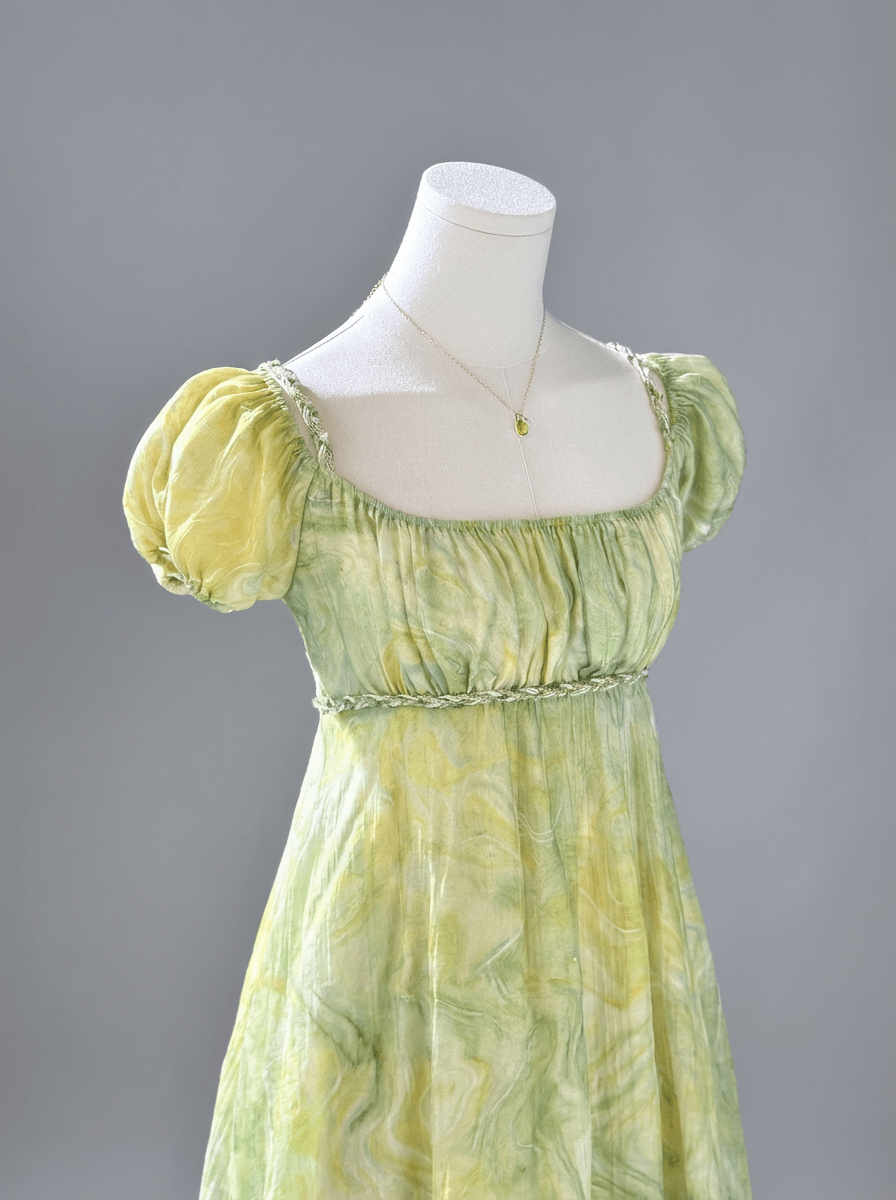 Regency Era Green Butterfly Embroidered Empire Waist Vintage Gown with Puff Sleeves – Bridgerton Inspired Dress Plus Size - WonderlandByLilian
