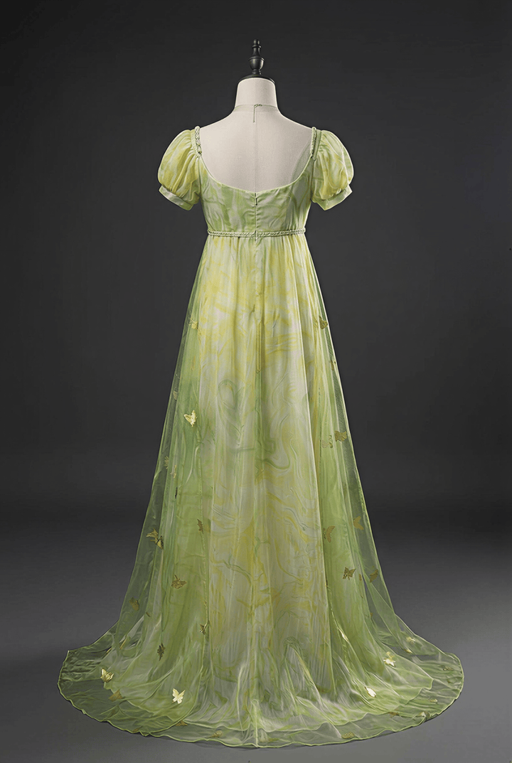Regency Era Green Butterfly Embroidered Empire Waist Vintage Gown with Puff Sleeves – Bridgerton Inspired Dress Plus Size - WonderlandByLilian